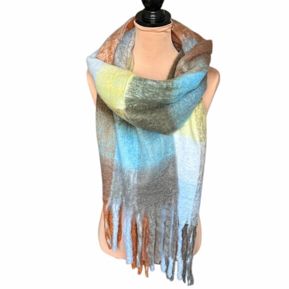 NEW Large Chunky Scarf Wool Mohair Multi Plaid Thick Fuzzy Long Fringe Winter - Picture 7 of 11